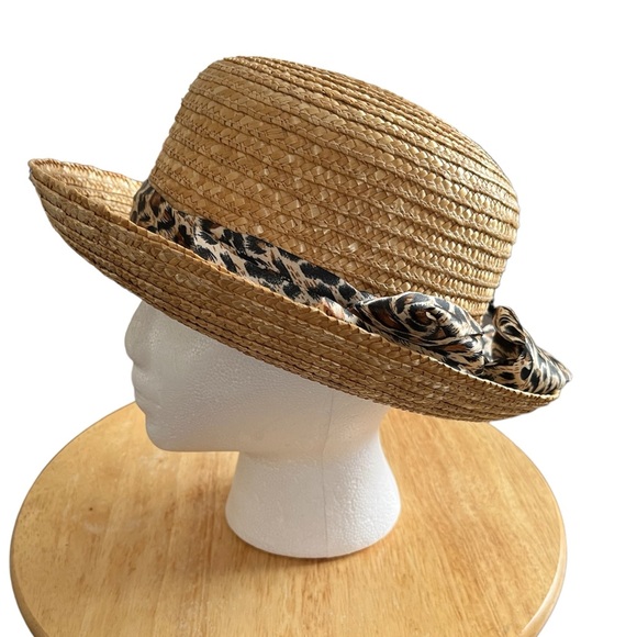 *STRAW HAT WITH ANIMAL PRINT RIBBON AND BOW - Picture 6 of 9